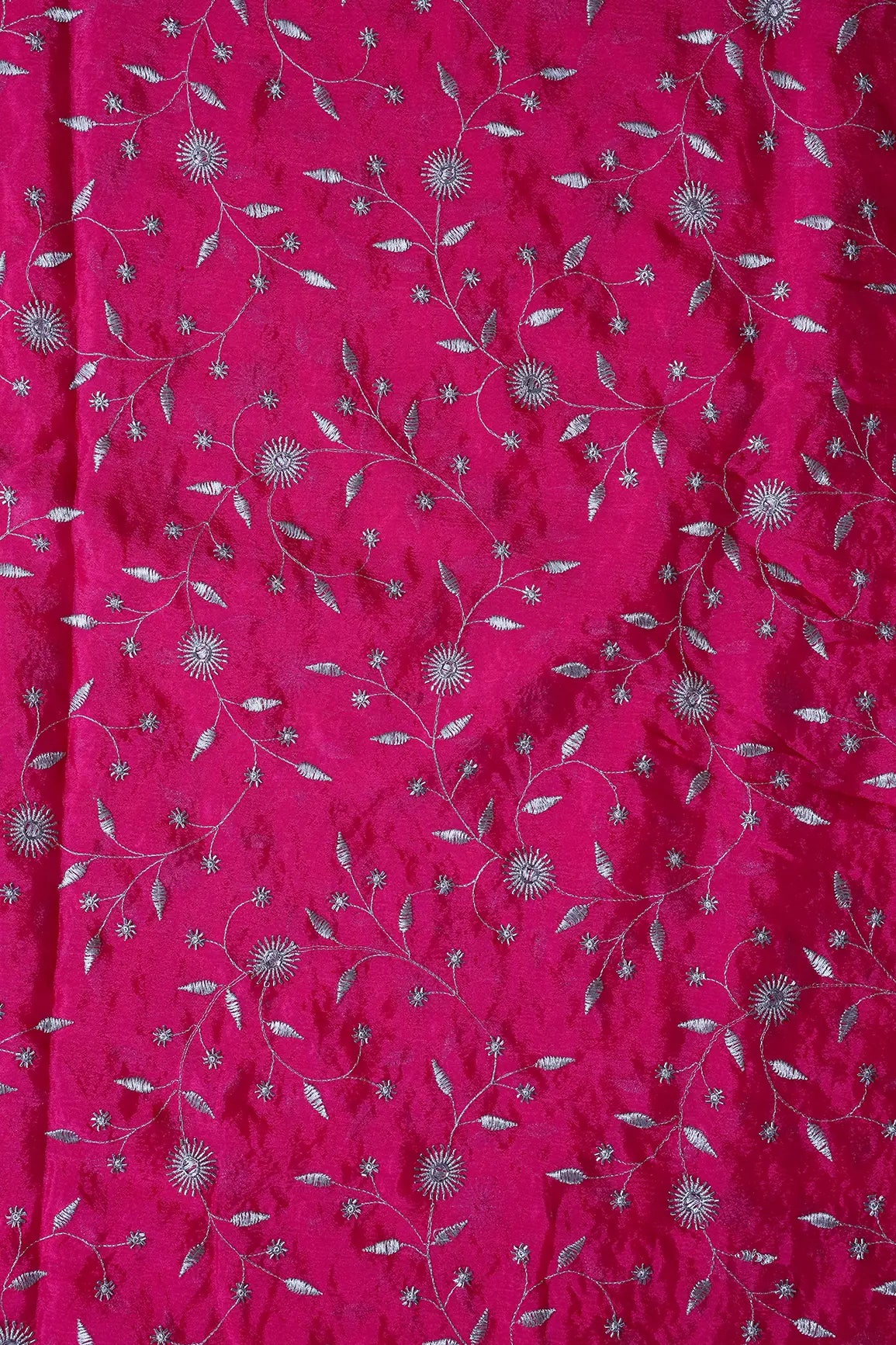 AIzaSyBcstauz-XMPRhEY21AUzeo032pxrXB5Ug - Gold Beads With Gold Zari Floral Embroidery On Fuchsia Chinnon Chiffon Fabric