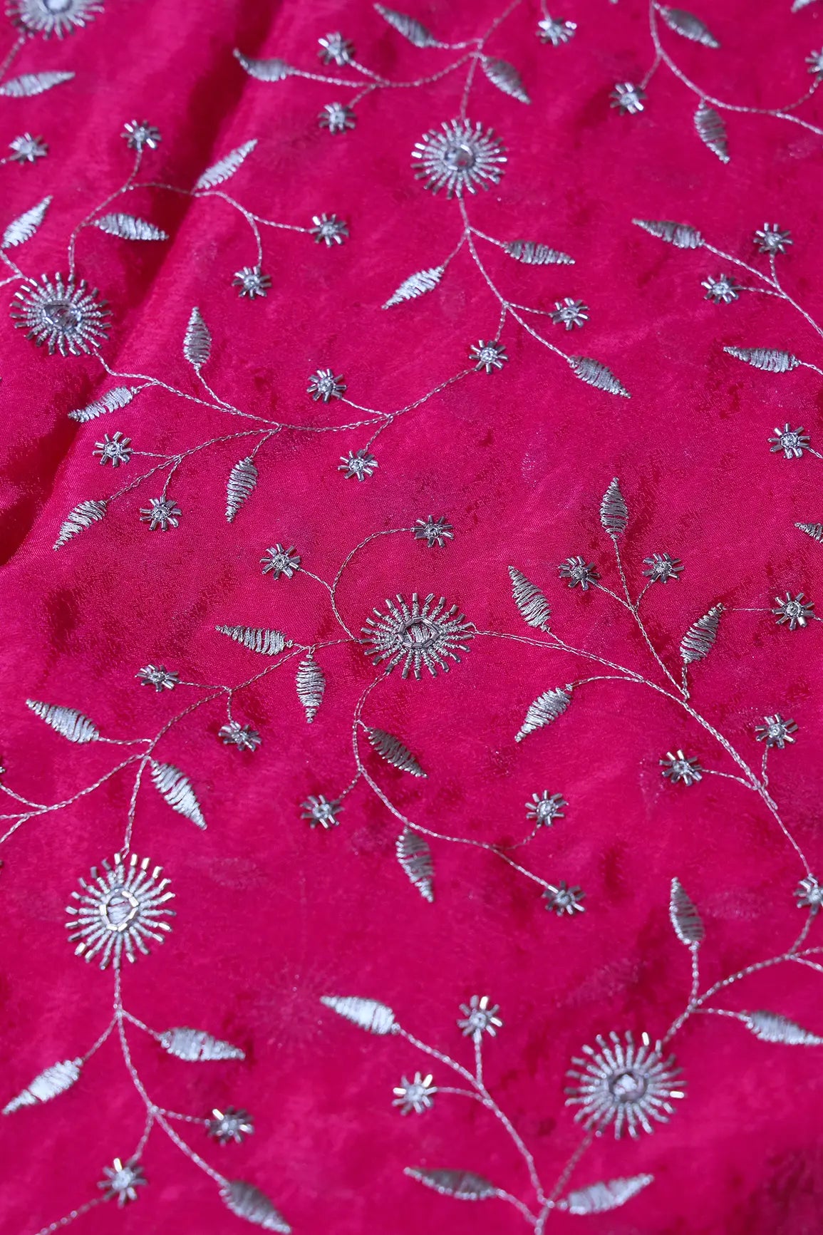AIzaSyBcstauz-XMPRhEY21AUzeo032pxrXB5Ug - Gold Beads With Gold Zari Floral Embroidery On Fuchsia Chinnon Chiffon Fabric