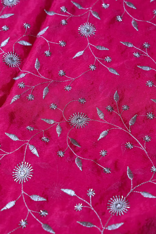 AIzaSyBcstauz-XMPRhEY21AUzeo032pxrXB5Ug - Gold Beads With Gold Zari Floral Embroidery On Fuchsia Chinnon Chiffon Fabric