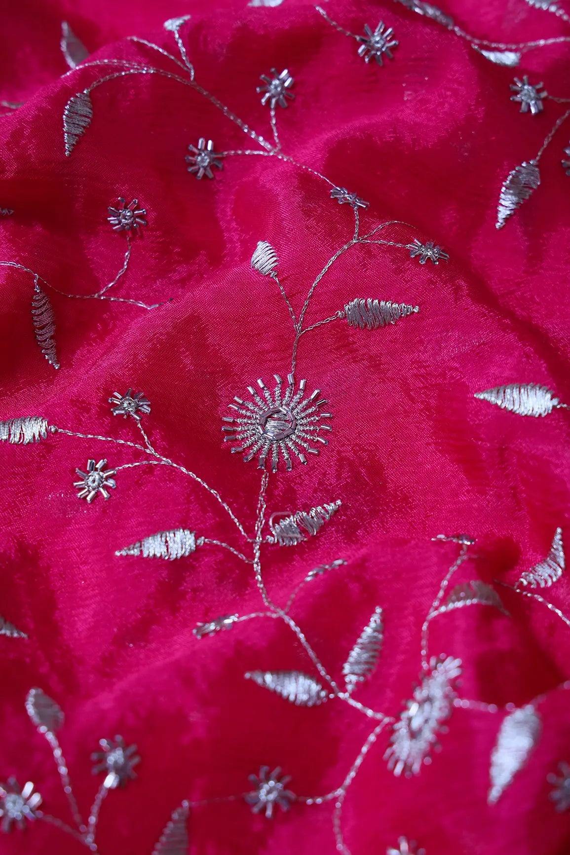 AIzaSyBcstauz-XMPRhEY21AUzeo032pxrXB5Ug - Gold Beads With Gold Zari Floral Embroidery On Fuchsia Chinnon Chiffon Fabric