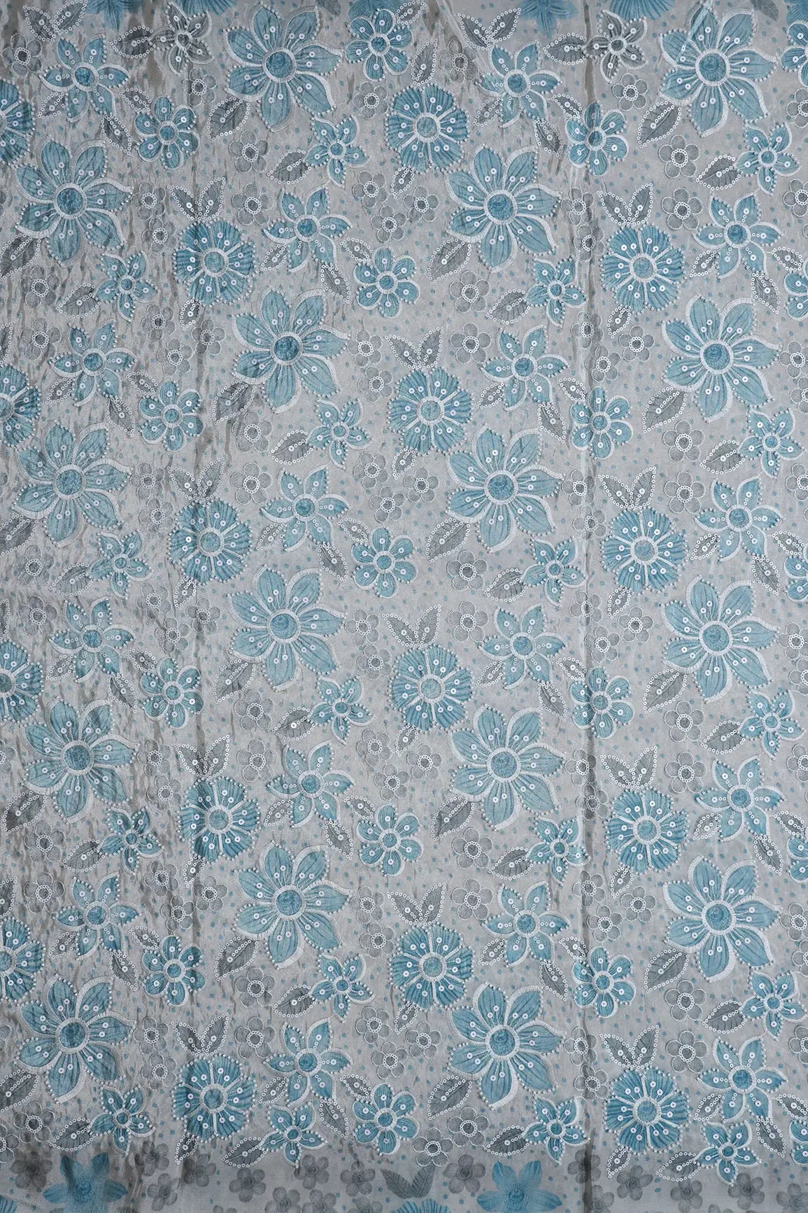 AIzaSyBcstauz-XMPRhEY21AUzeo032pxrXB5Ug - Floral Position Print With White Beads And White Sequins Embroidery On Light Grey Viscose Zari Tissue Fabric