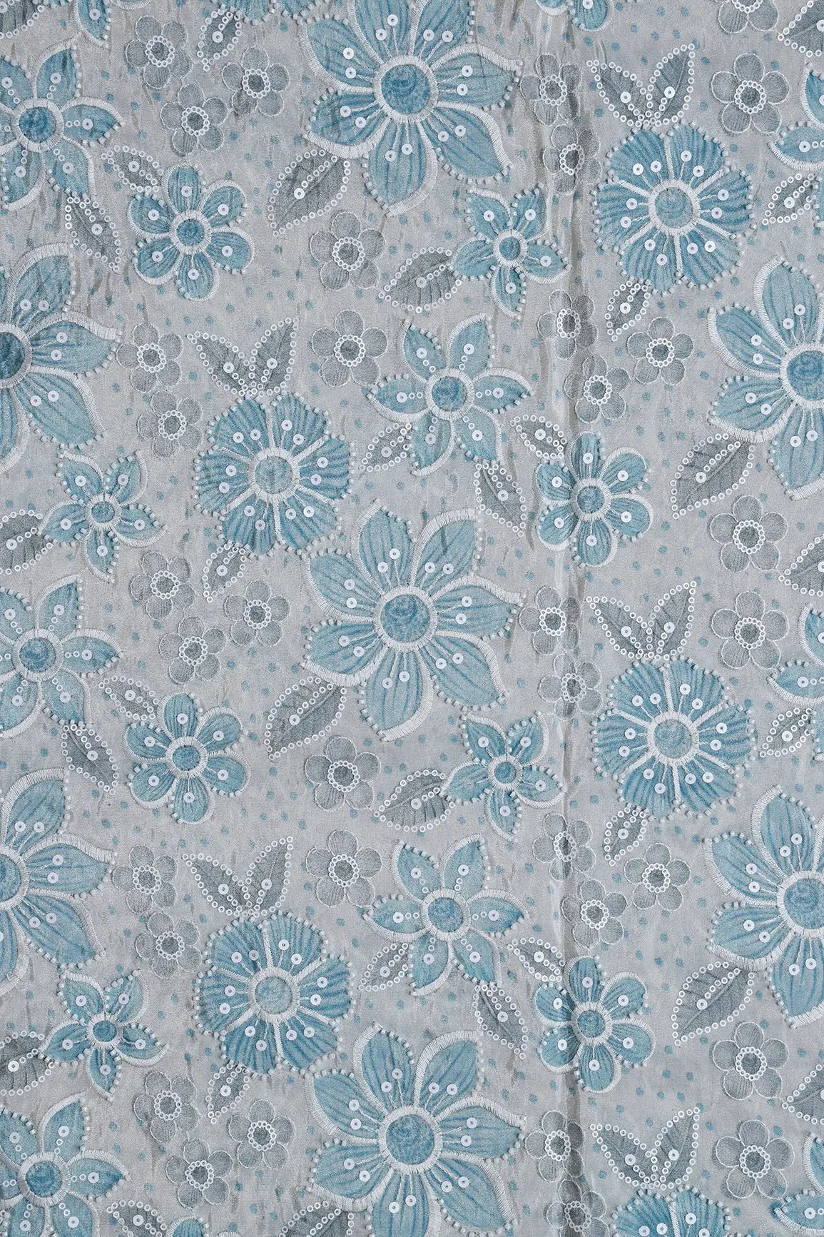 AIzaSyBcstauz-XMPRhEY21AUzeo032pxrXB5Ug - Floral Position Print With White Beads And White Sequins Embroidery On Light Grey Viscose Zari Tissue Fabric
