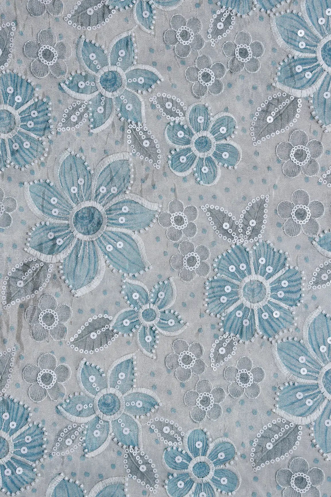 AIzaSyBcstauz-XMPRhEY21AUzeo032pxrXB5Ug - Floral Position Print With White Beads And White Sequins Embroidery On Light Grey Viscose Zari Tissue Fabric