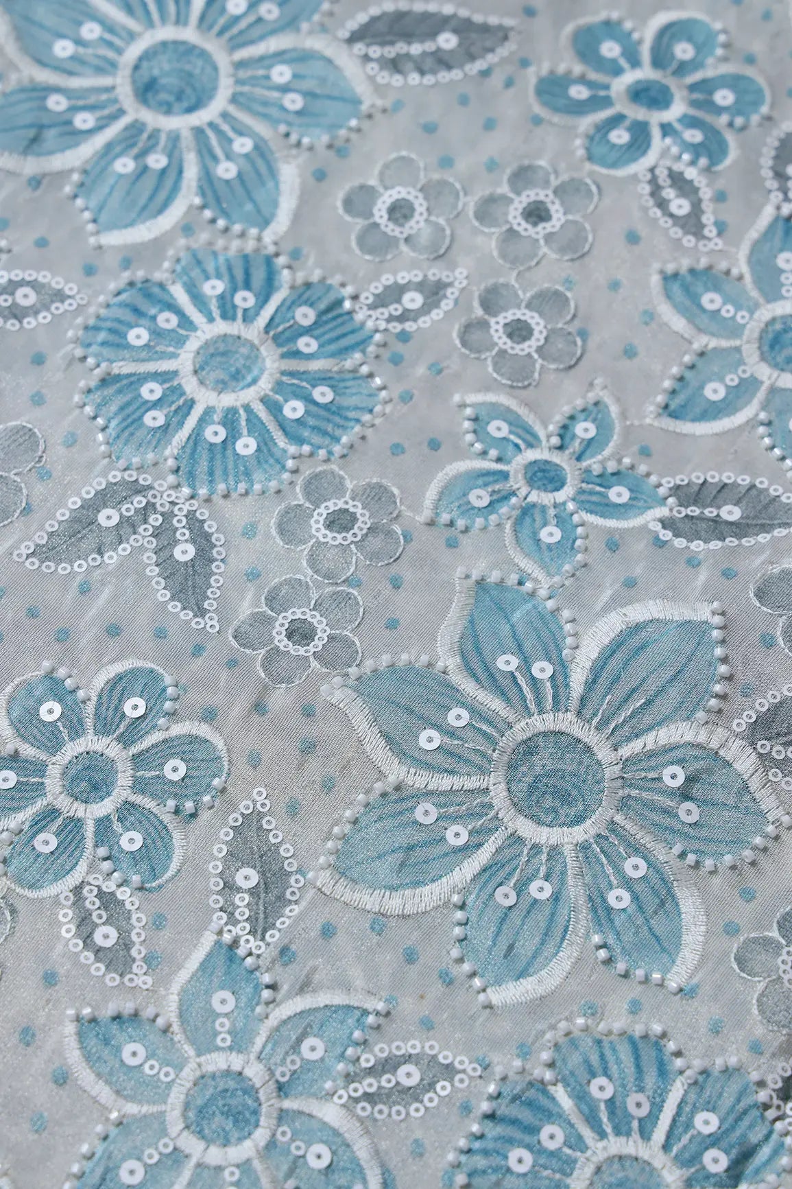 AIzaSyBcstauz-XMPRhEY21AUzeo032pxrXB5Ug - Floral Position Print With White Beads And White Sequins Embroidery On Light Grey Viscose Zari Tissue Fabric