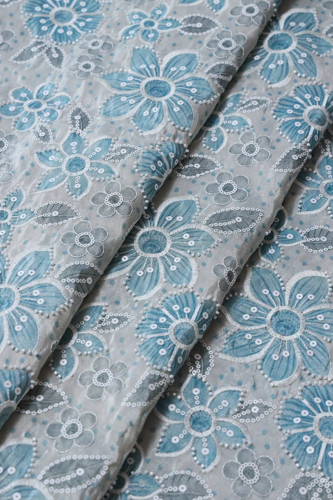 AIzaSyBcstauz-XMPRhEY21AUzeo032pxrXB5Ug - Floral Position Print With White Beads And White Sequins Embroidery On Light Grey Viscose Zari Tissue Fabric