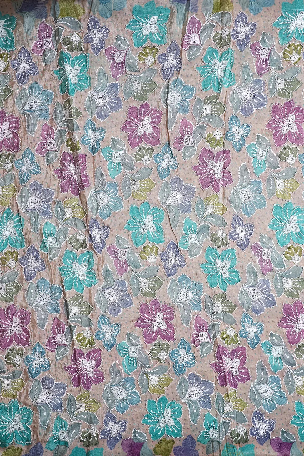 AIzaSyBcstauz-XMPRhEY21AUzeo032pxrXB5Ug - Floral Position Print With White Beads And White Sequins Embroidery On Light Beige Viscose Zari Tissue Fabric