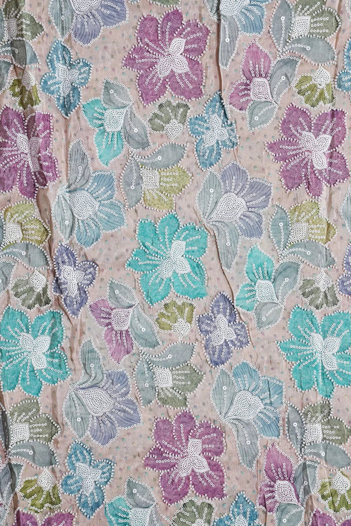 AIzaSyBcstauz-XMPRhEY21AUzeo032pxrXB5Ug - Floral Position Print With White Beads And White Sequins Embroidery On Light Beige Viscose Zari Tissue Fabric