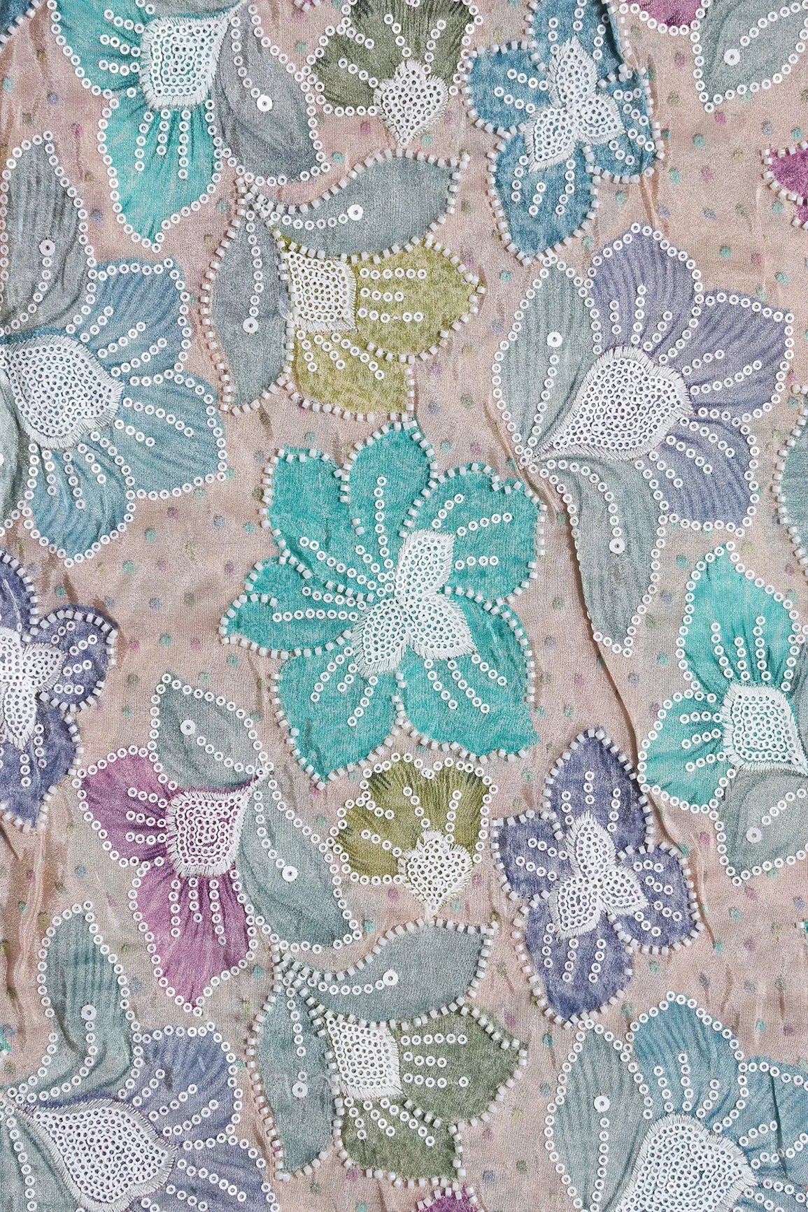 AIzaSyBcstauz-XMPRhEY21AUzeo032pxrXB5Ug - Floral Position Print With White Beads And White Sequins Embroidery On Light Beige Viscose Zari Tissue Fabric