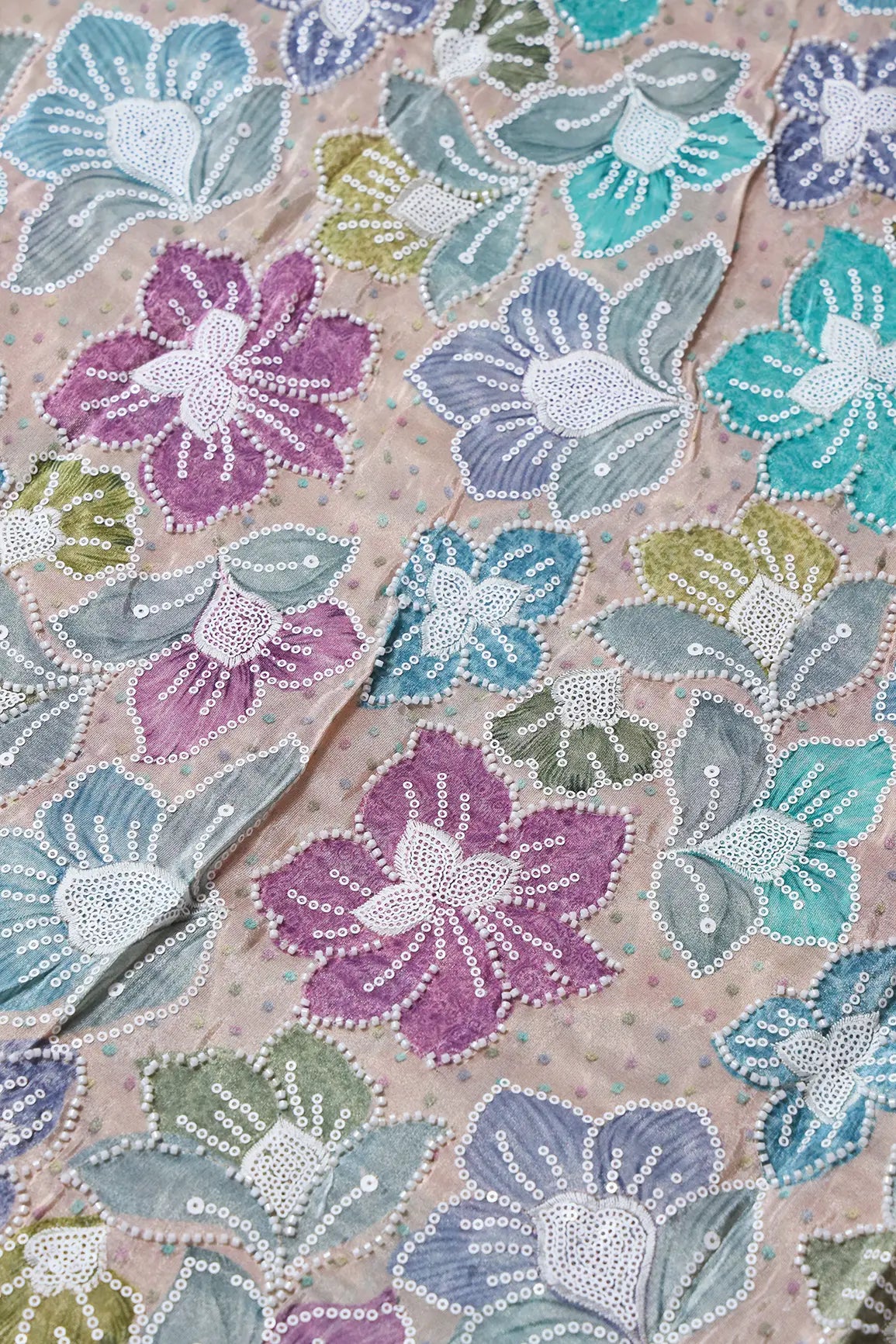 AIzaSyBcstauz-XMPRhEY21AUzeo032pxrXB5Ug - Floral Position Print With White Beads And White Sequins Embroidery On Light Beige Viscose Zari Tissue Fabric