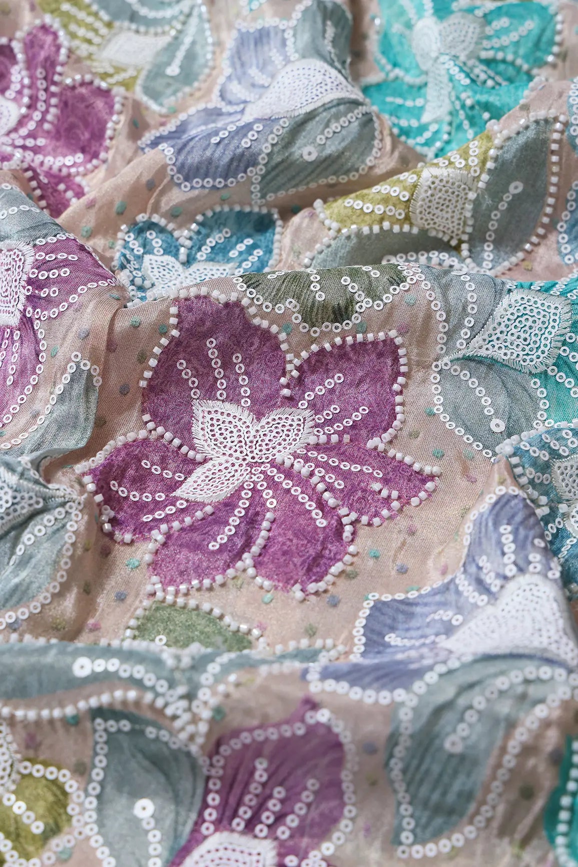 AIzaSyBcstauz-XMPRhEY21AUzeo032pxrXB5Ug - Floral Position Print With White Beads And White Sequins Embroidery On Light Beige Viscose Zari Tissue Fabric