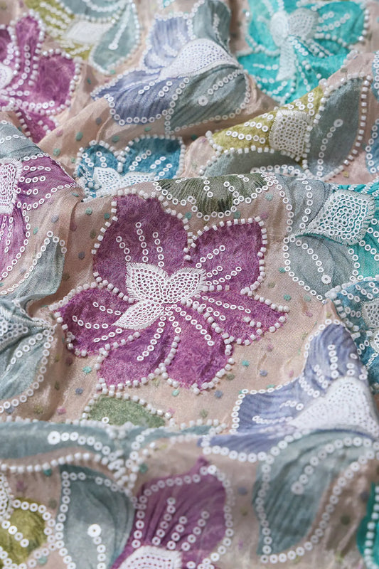 AIzaSyBcstauz-XMPRhEY21AUzeo032pxrXB5Ug - Floral Position Print With White Beads And White Sequins Embroidery On Light Beige Viscose Zari Tissue Fabric