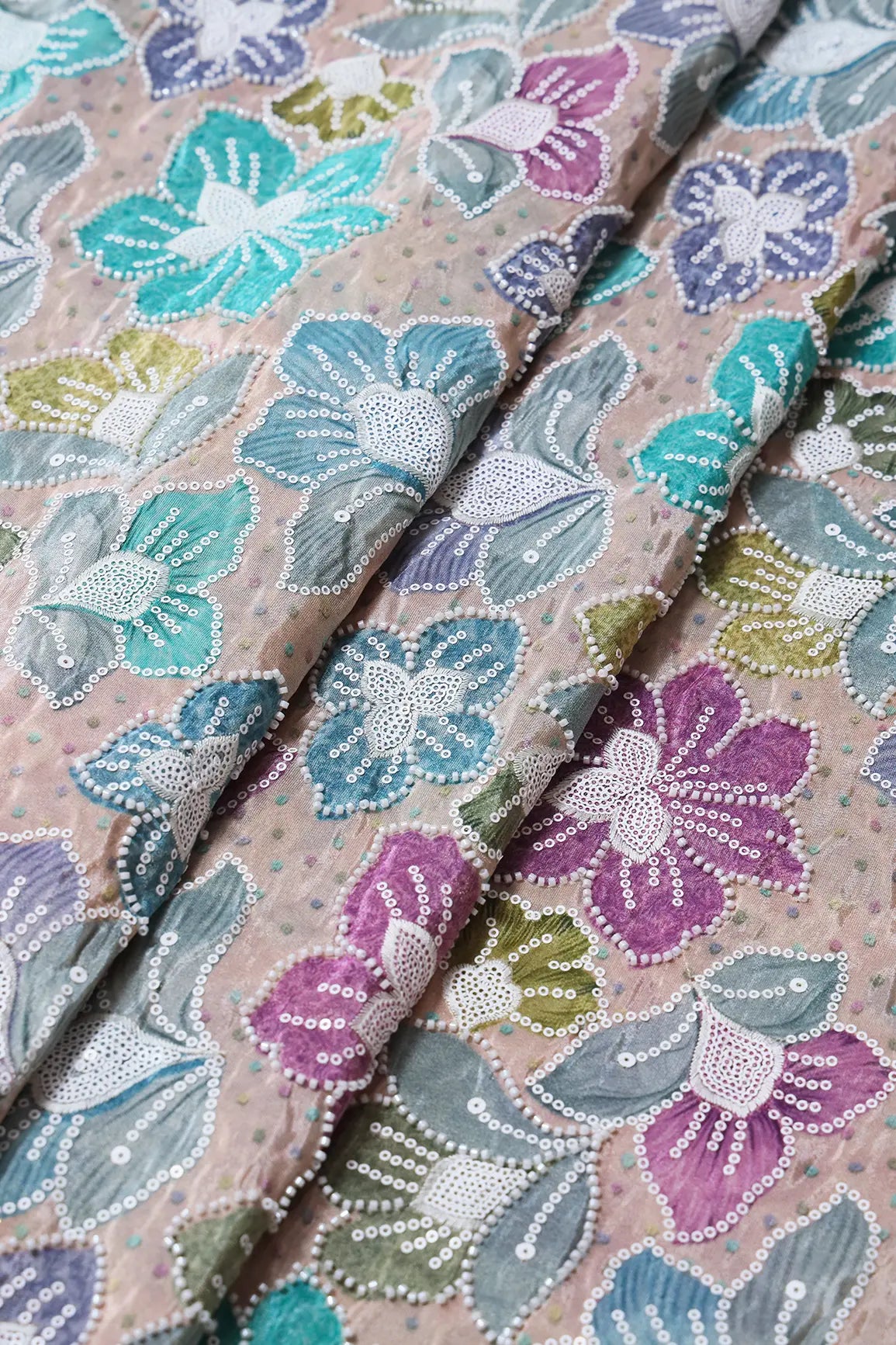 AIzaSyBcstauz-XMPRhEY21AUzeo032pxrXB5Ug - Floral Position Print With White Beads And White Sequins Embroidery On Light Beige Viscose Zari Tissue Fabric