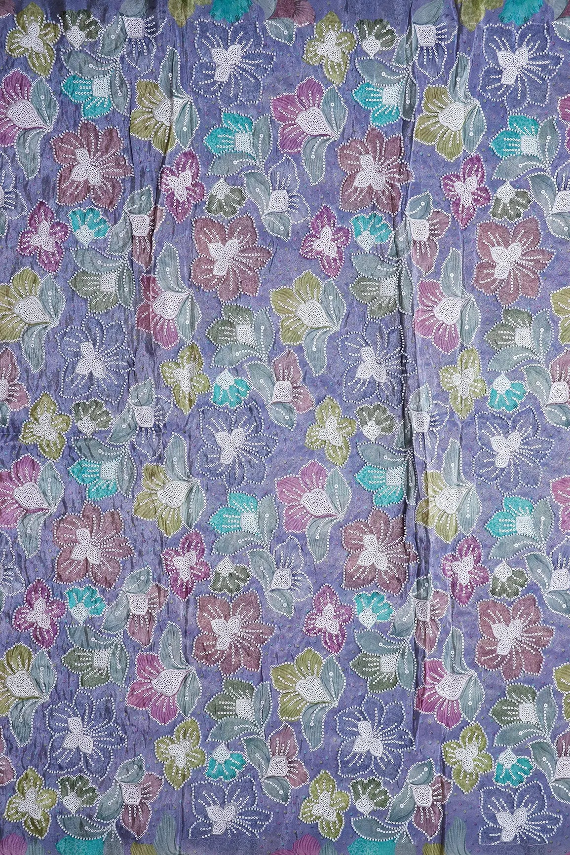 AIzaSyBcstauz-XMPRhEY21AUzeo032pxrXB5Ug - Floral Position Print With White Beads And White Sequins Embroidery On Lilac Viscose Zari Tissue Fabric