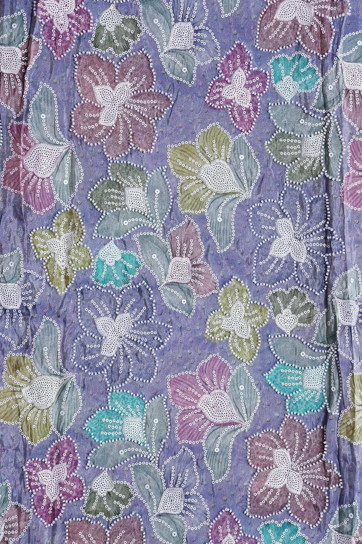 AIzaSyBcstauz-XMPRhEY21AUzeo032pxrXB5Ug - Floral Position Print With White Beads And White Sequins Embroidery On Lilac Viscose Zari Tissue Fabric
