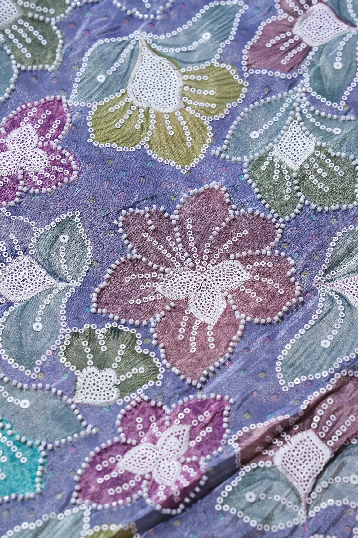 AIzaSyBcstauz-XMPRhEY21AUzeo032pxrXB5Ug - Floral Position Print With White Beads And White Sequins Embroidery On Lilac Viscose Zari Tissue Fabric