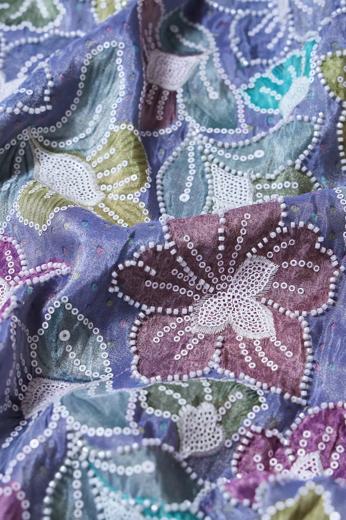 AIzaSyBcstauz-XMPRhEY21AUzeo032pxrXB5Ug - Floral Position Print With White Beads And White Sequins Embroidery On Lilac Viscose Zari Tissue Fabric