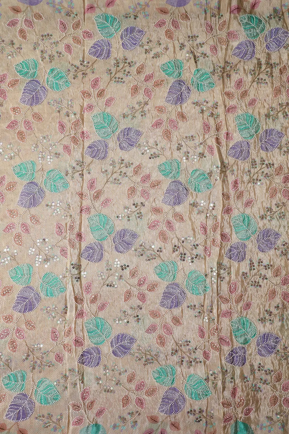 AIzaSyBcstauz-XMPRhEY21AUzeo032pxrXB5Ug - Leafy Position Print With White Beads And White Sequins Embroidery On Light Beige Viscose Zari Tissue Fabric
