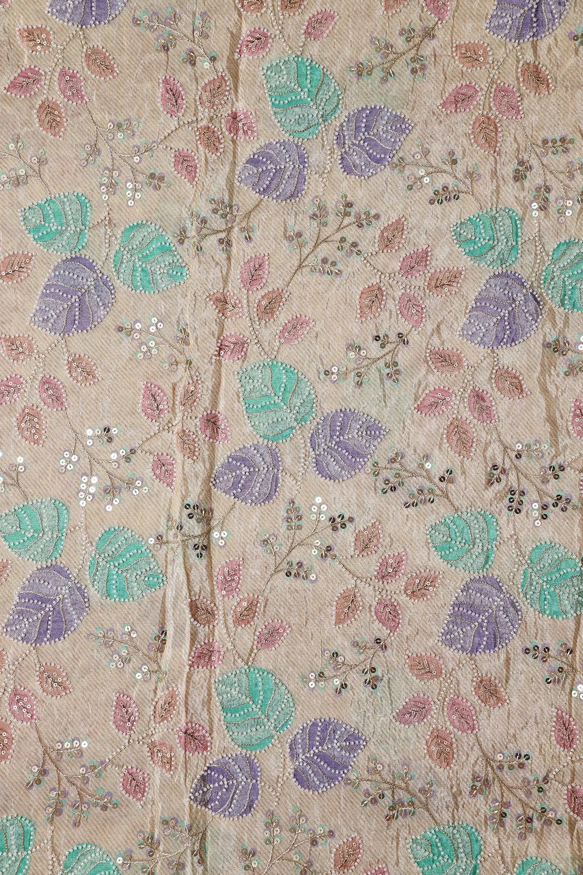 AIzaSyBcstauz-XMPRhEY21AUzeo032pxrXB5Ug - Leafy Position Print With White Beads And White Sequins Embroidery On Light Beige Viscose Zari Tissue Fabric