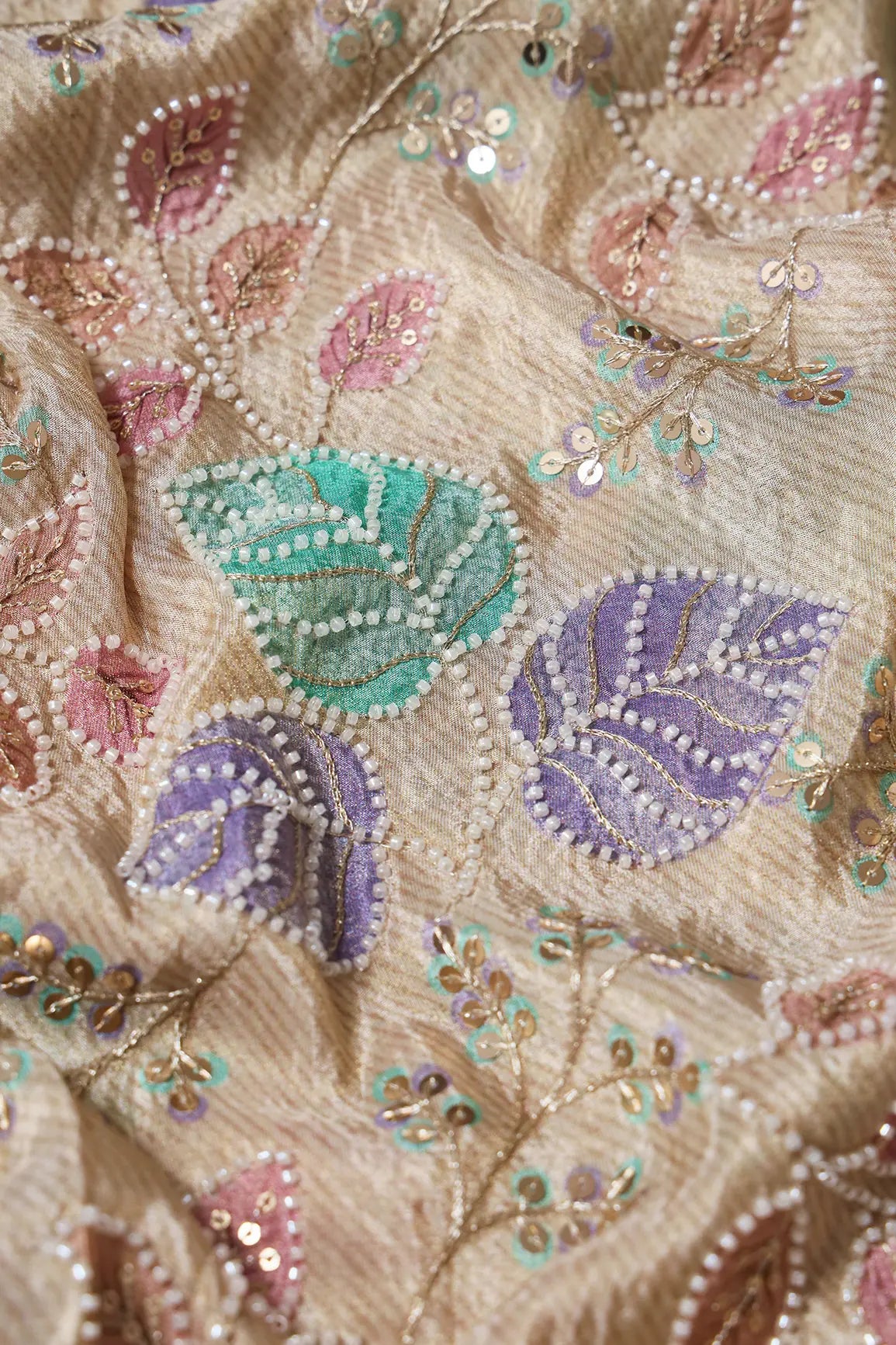 AIzaSyBcstauz-XMPRhEY21AUzeo032pxrXB5Ug - Leafy Position Print With White Beads And White Sequins Embroidery On Light Beige Viscose Zari Tissue Fabric