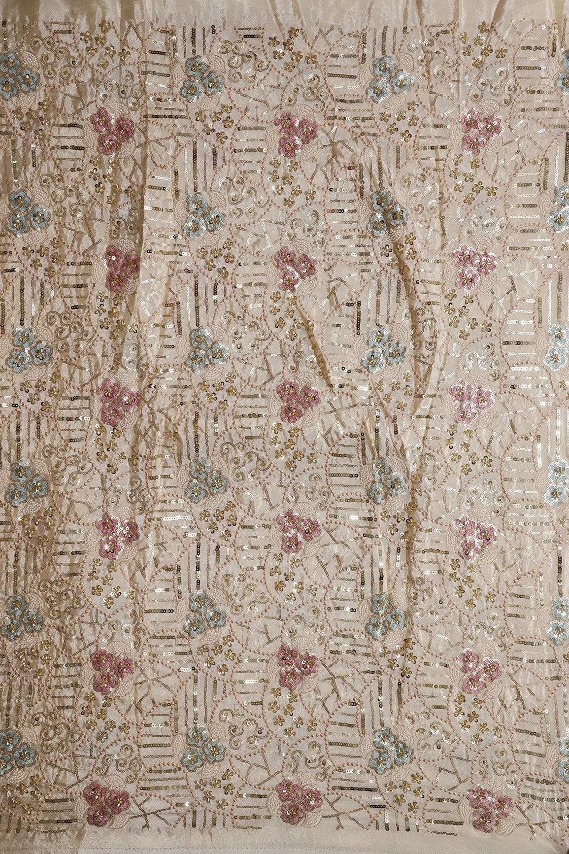 AIzaSyBcstauz-XMPRhEY21AUzeo032pxrXB5Ug - Heavy Gold Sequins With Beads Floral Embroidery On Dyeable Viscose Zari Tissue Fabric