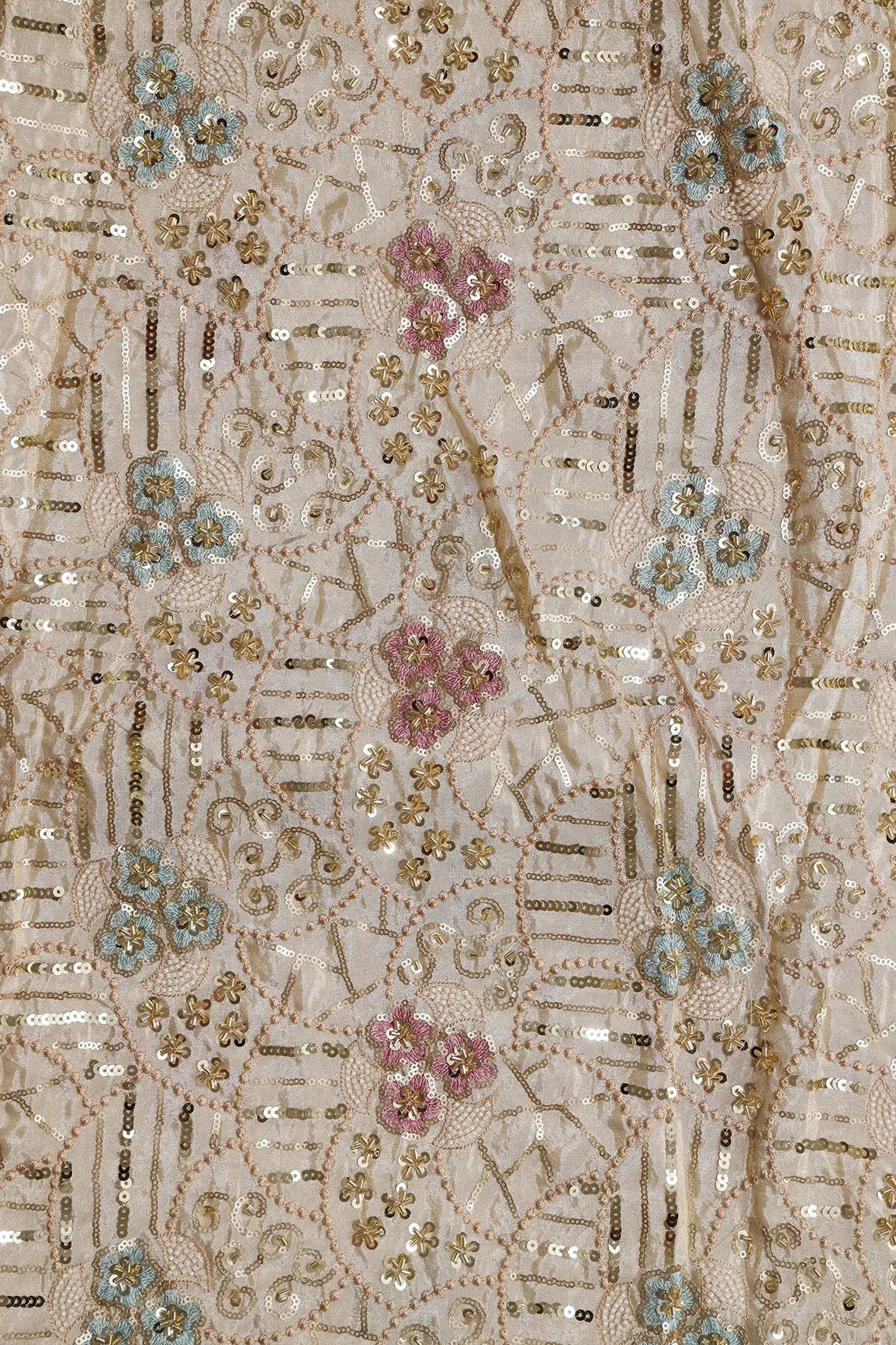 AIzaSyBcstauz-XMPRhEY21AUzeo032pxrXB5Ug - Heavy Gold Sequins With Beads Floral Embroidery On Dyeable Viscose Zari Tissue Fabric