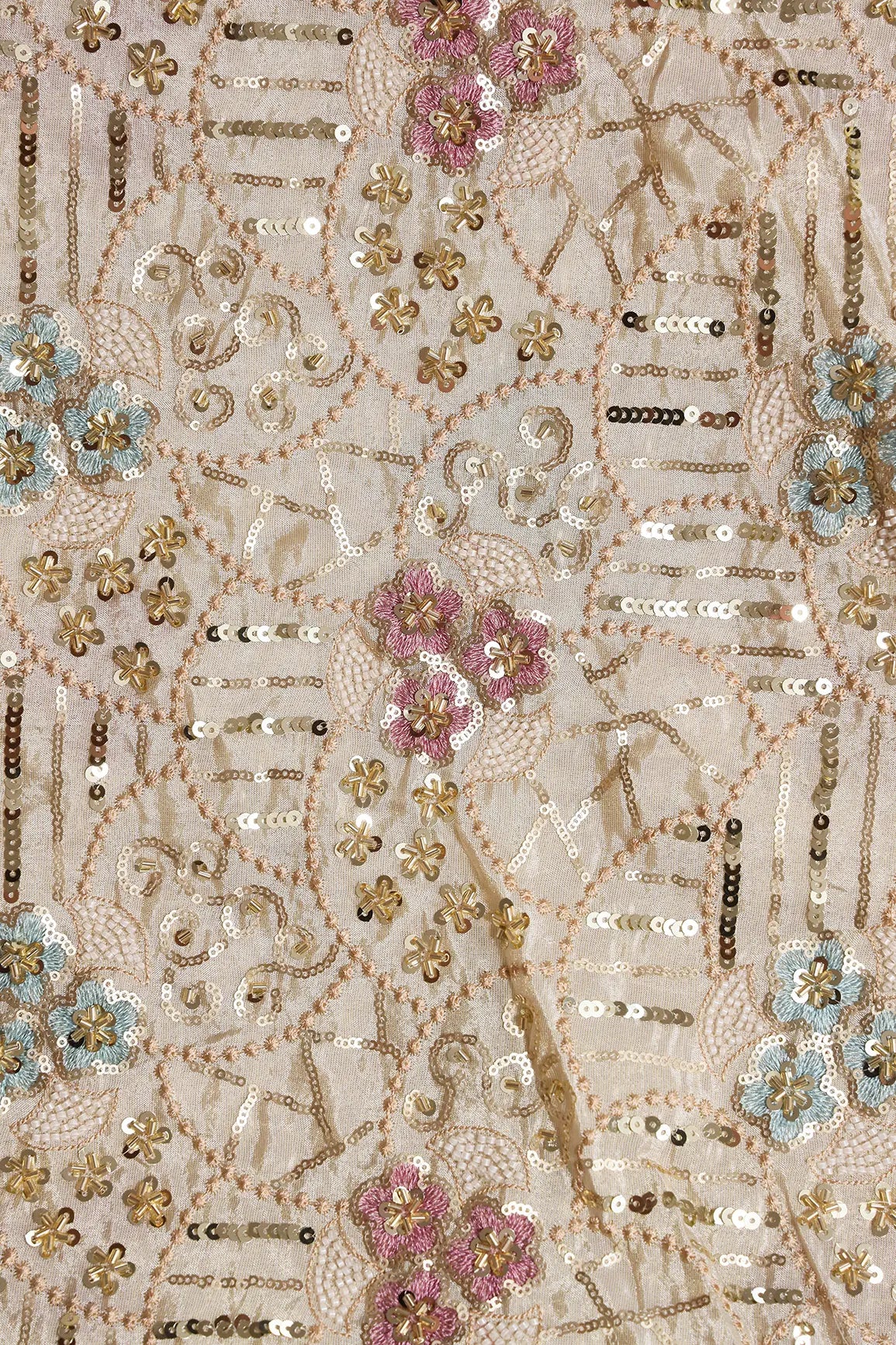 AIzaSyBcstauz-XMPRhEY21AUzeo032pxrXB5Ug - Heavy Gold Sequins With Beads Floral Embroidery On Dyeable Viscose Zari Tissue Fabric