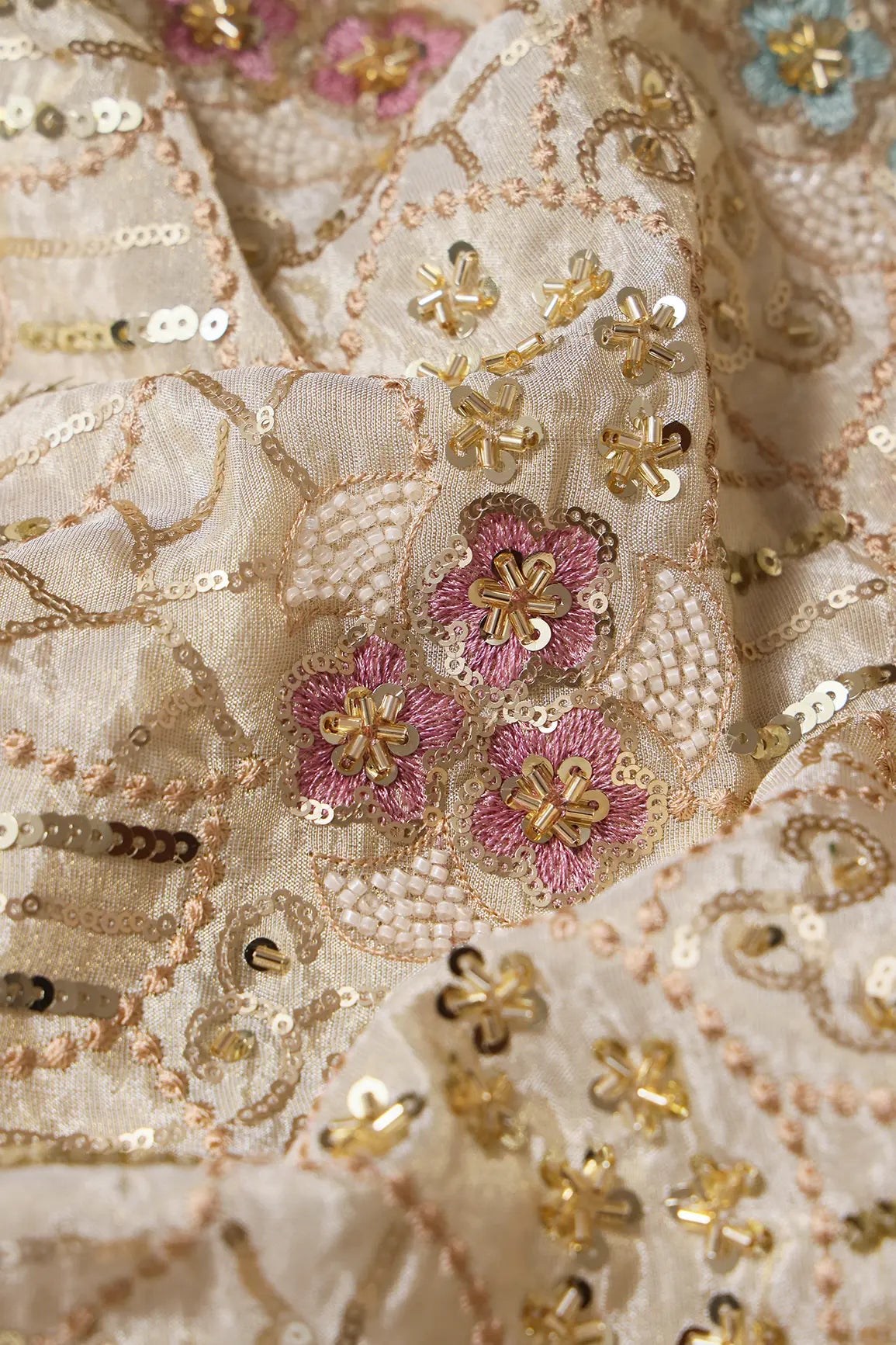 AIzaSyBcstauz-XMPRhEY21AUzeo032pxrXB5Ug - Heavy Gold Sequins With Beads Floral Embroidery On Dyeable Viscose Zari Tissue Fabric