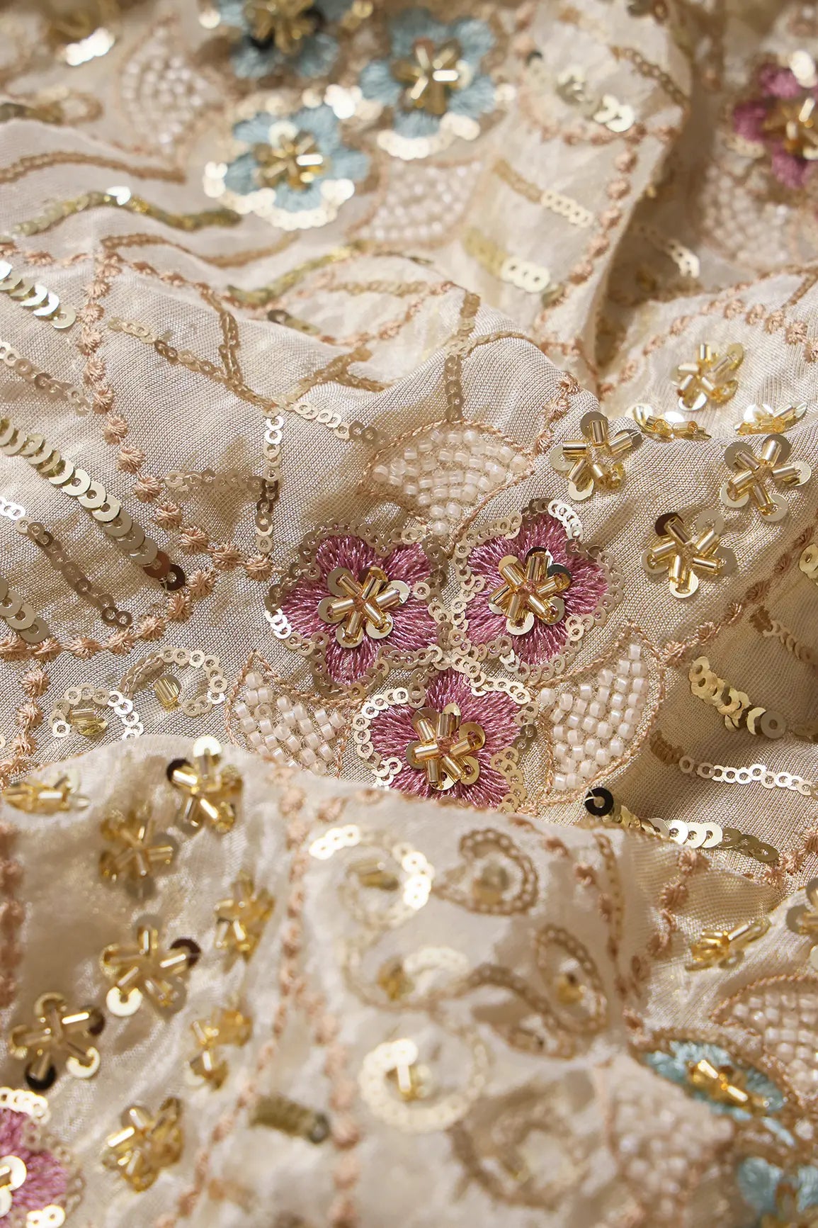 AIzaSyBcstauz-XMPRhEY21AUzeo032pxrXB5Ug - Heavy Gold Sequins With Beads Floral Embroidery On Dyeable Viscose Zari Tissue Fabric