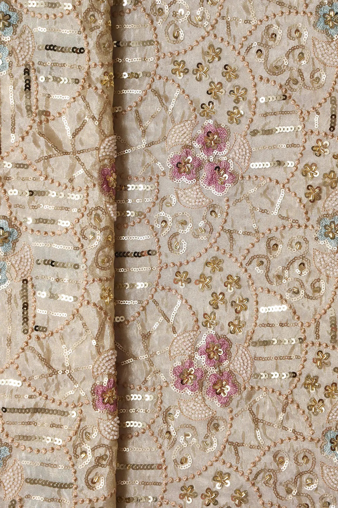 AIzaSyBcstauz-XMPRhEY21AUzeo032pxrXB5Ug - Heavy Gold Sequins With Beads Floral Embroidery On Dyeable Viscose Zari Tissue Fabric