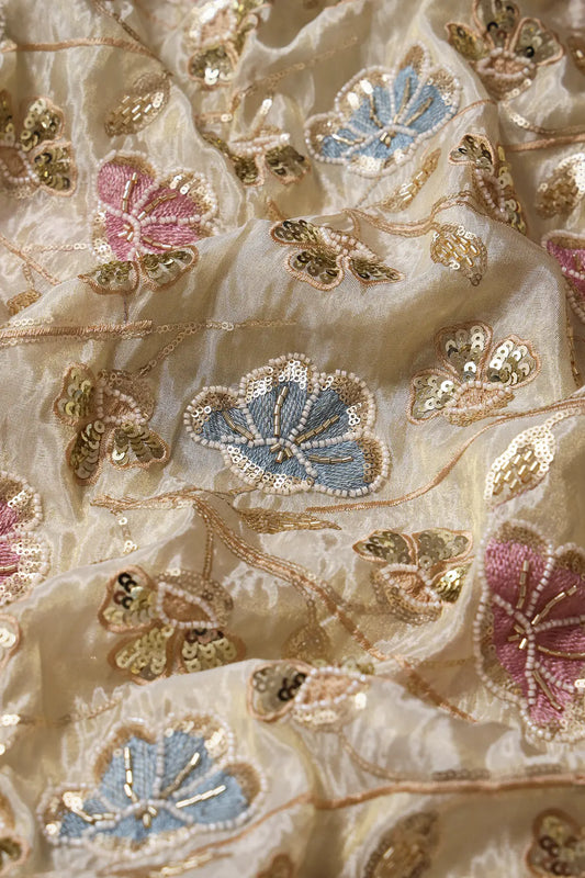 White Beads With FLoral Embroidery Unstitched Lehenga Set Fabric (3 Piece)