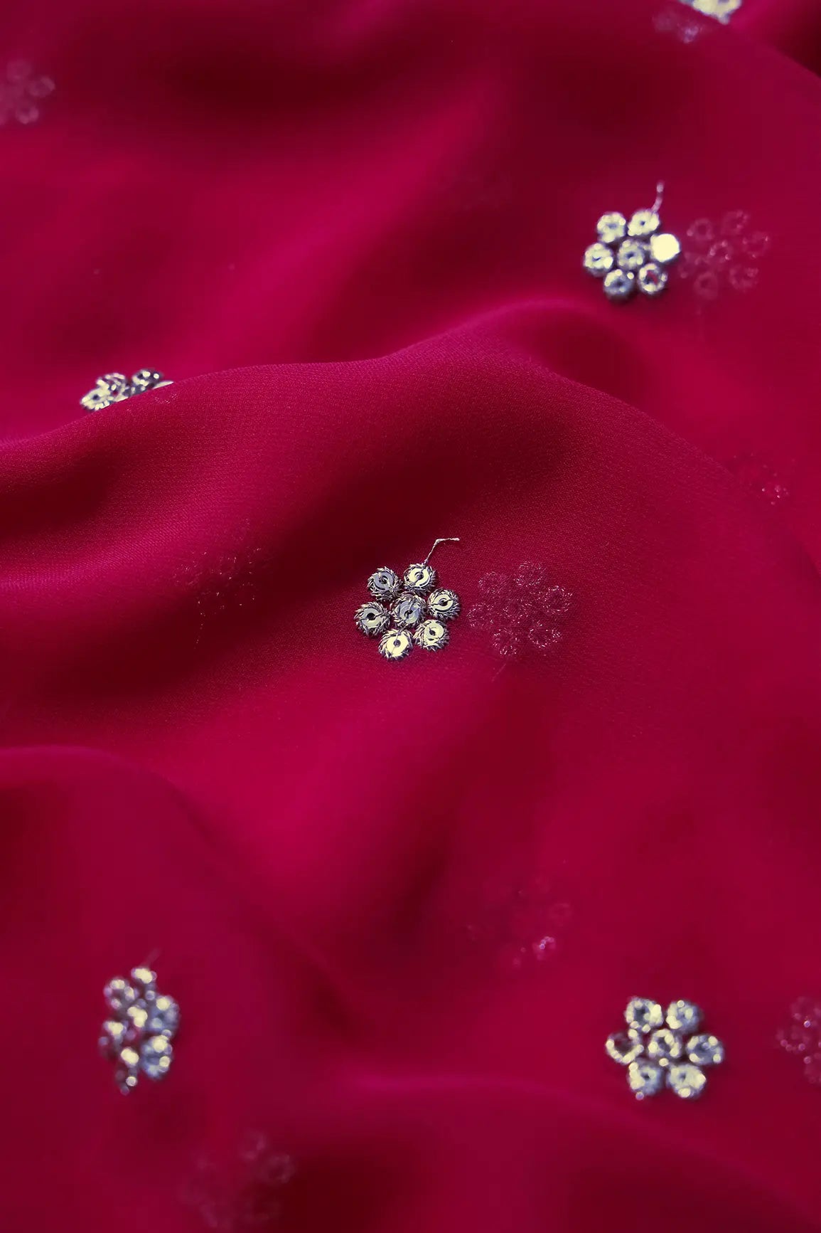 AIzaSyBcstauz-XMPRhEY21AUzeo032pxrXB5Ug - Gold Sequins With Gold Zari Small Motif Embroidery Work On Fuchsia Georgette Fabric