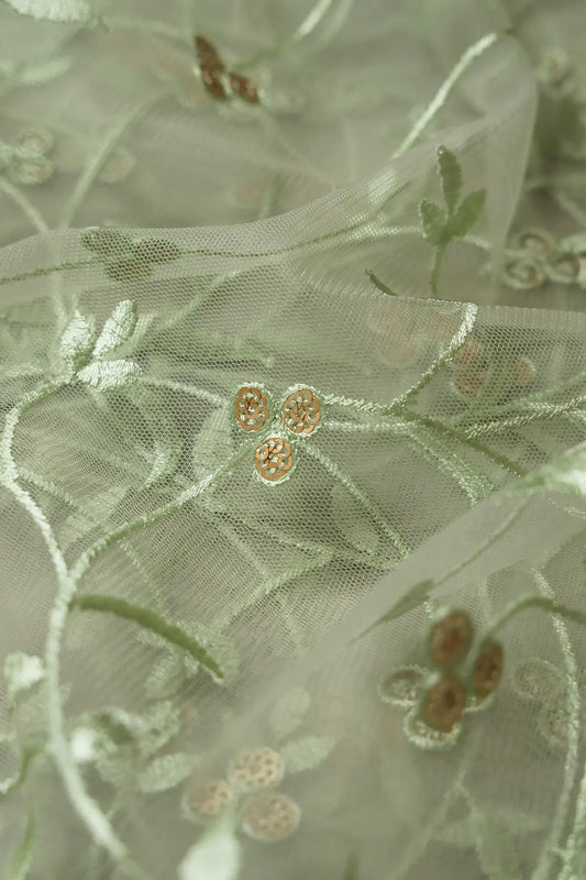Olive Thread With Sequins Floral Leafy Embroidery Work On Light Olive Soft Net Fabric