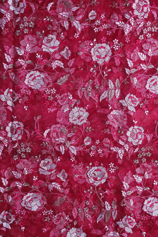 AIzaSyBcstauz-XMPRhEY21AUzeo032pxrXB5Ug - Heavy Floral Beige And Cherry Red Thread Work Embroidery On Cherry Red Soft Net Fabric