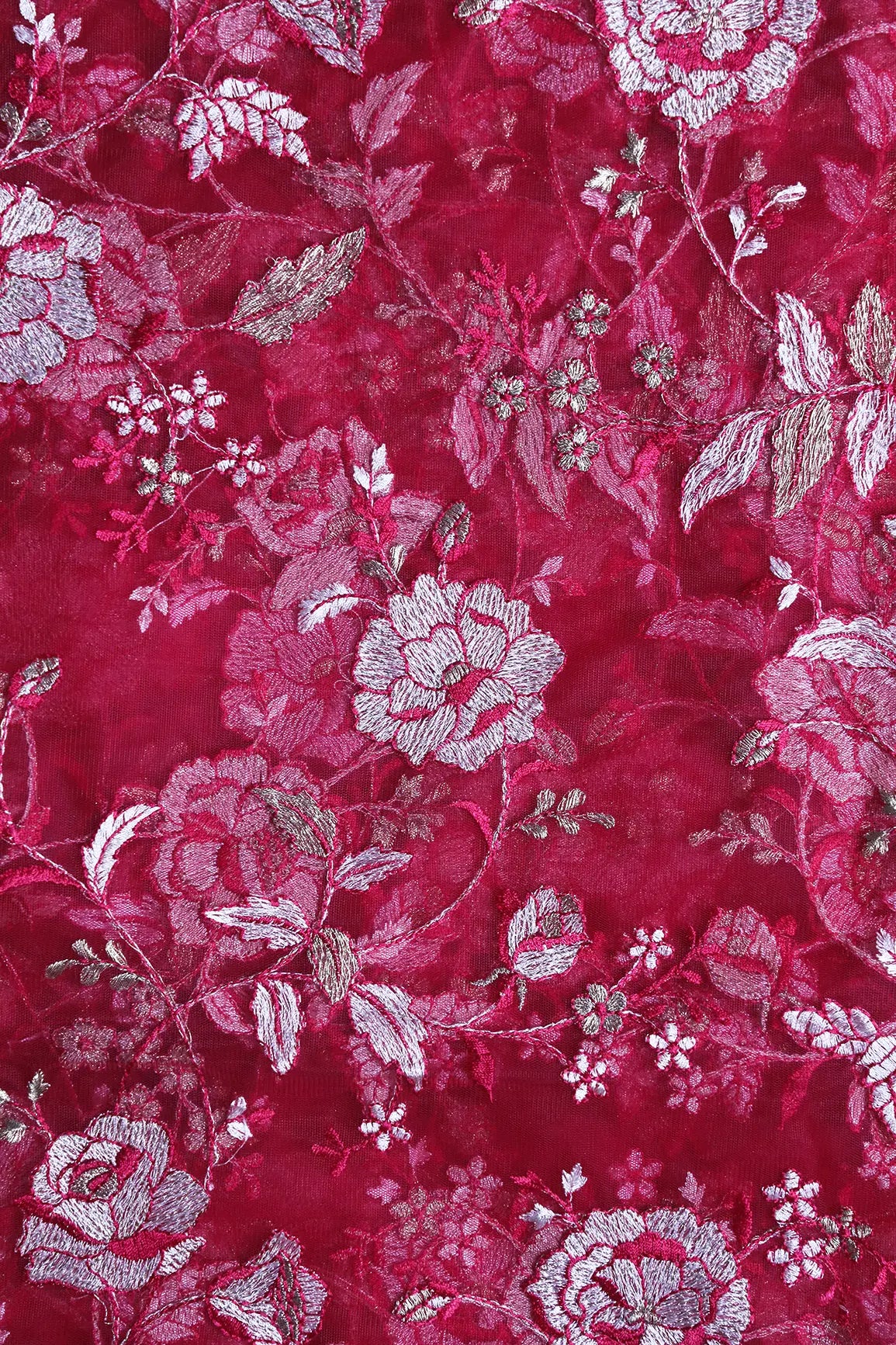 AIzaSyBcstauz-XMPRhEY21AUzeo032pxrXB5Ug - Heavy Floral Beige And Cherry Red Thread Work Embroidery On Cherry Red Soft Net Fabric