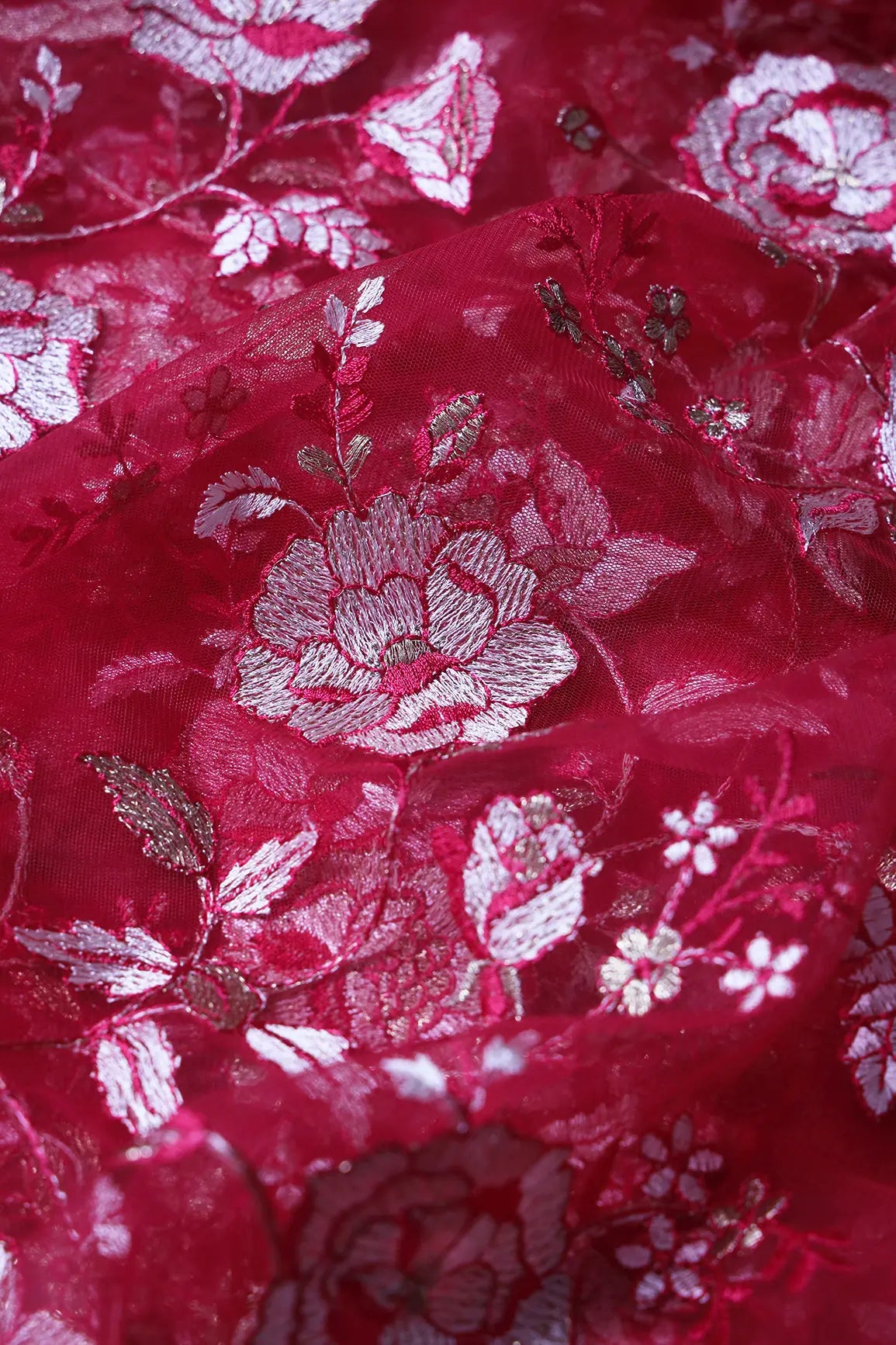 AIzaSyBcstauz-XMPRhEY21AUzeo032pxrXB5Ug - Heavy Floral Beige And Cherry Red Thread Work Embroidery On Cherry Red Soft Net Fabric