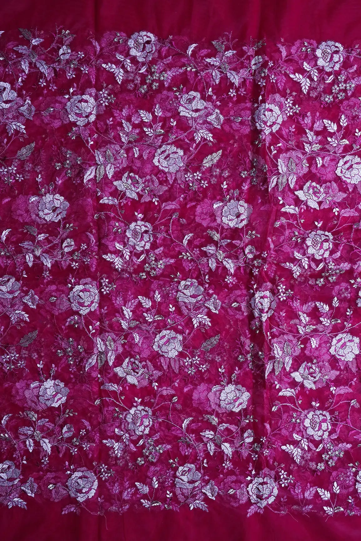AIzaSyBcstauz-XMPRhEY21AUzeo032pxrXB5Ug - Heavy Floral Beige And Fuchsia Thread Work  Embroidery On Fuchsia Soft Net Fabric
