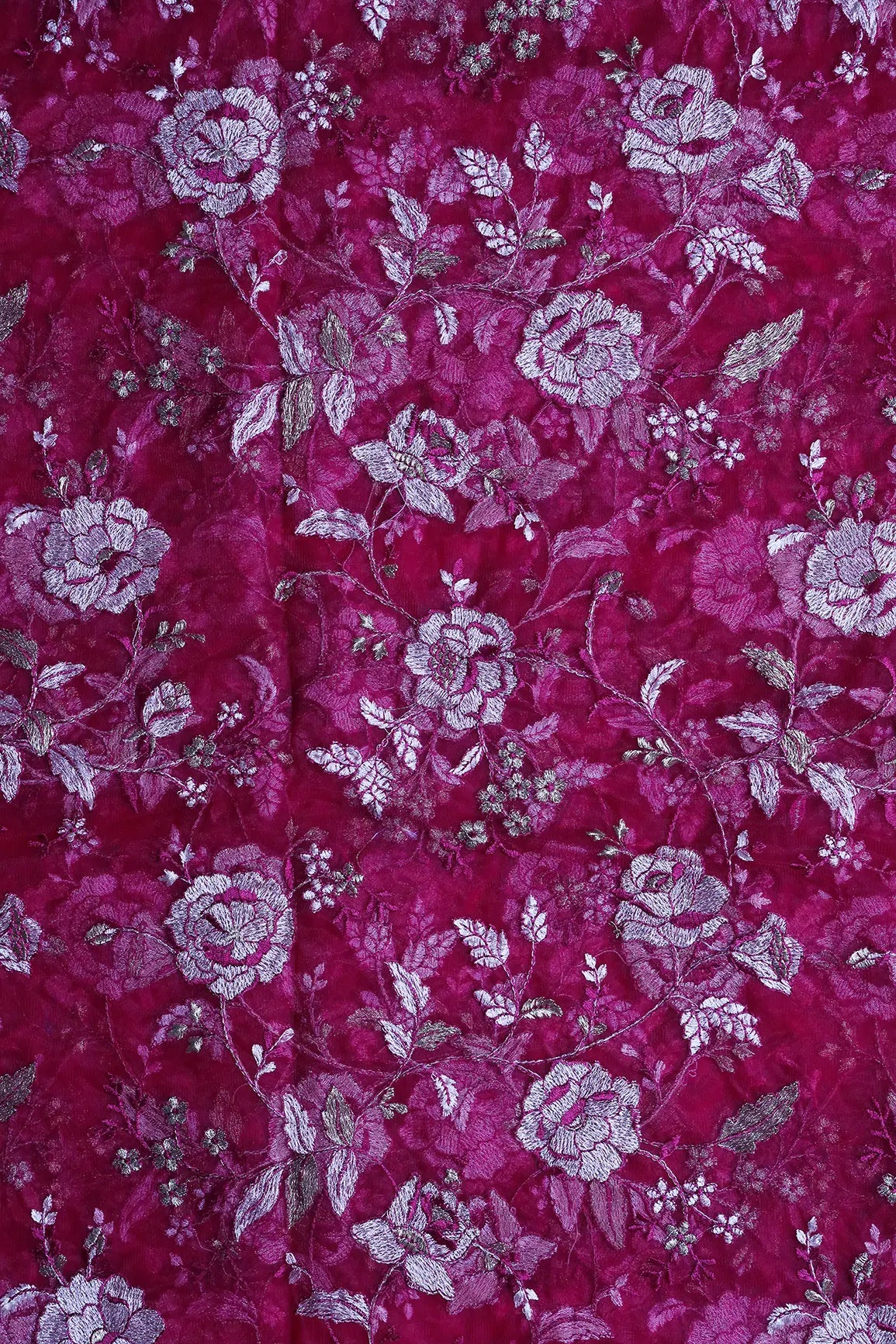 AIzaSyBcstauz-XMPRhEY21AUzeo032pxrXB5Ug - Heavy Floral Beige And Fuchsia Thread Work  Embroidery On Fuchsia Soft Net Fabric