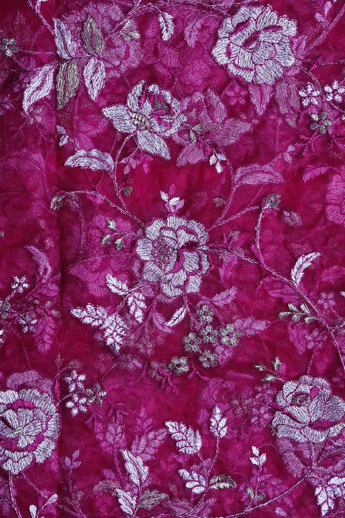 AIzaSyBcstauz-XMPRhEY21AUzeo032pxrXB5Ug - Heavy Floral Beige And Fuchsia Thread Work  Embroidery On Fuchsia Soft Net Fabric