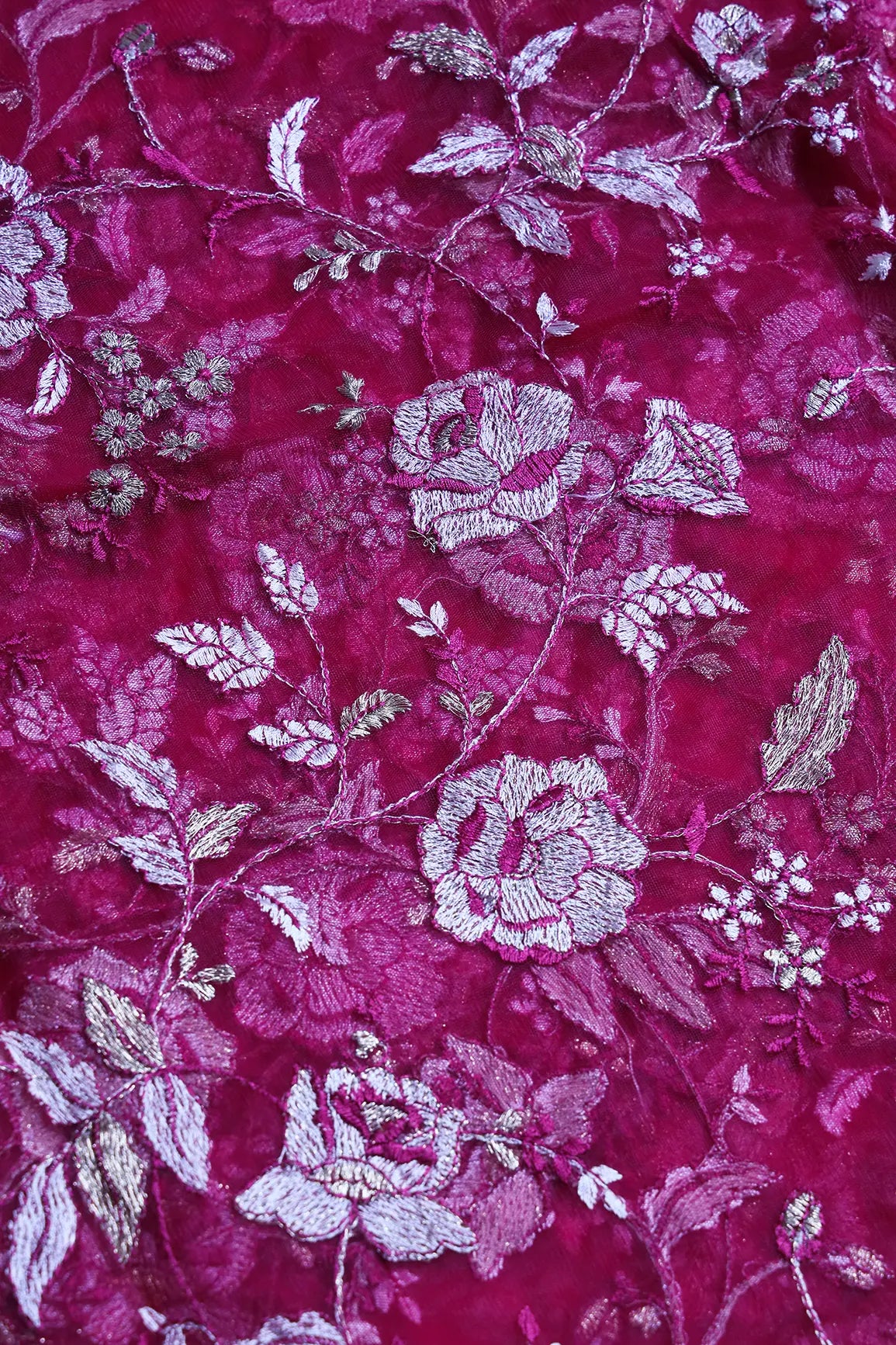 AIzaSyBcstauz-XMPRhEY21AUzeo032pxrXB5Ug - Heavy Floral Beige And Fuchsia Thread Work  Embroidery On Fuchsia Soft Net Fabric