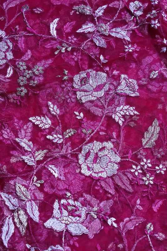 AIzaSyBcstauz-XMPRhEY21AUzeo032pxrXB5Ug - Heavy Floral Beige And Fuchsia Thread Work  Embroidery On Fuchsia Soft Net Fabric
