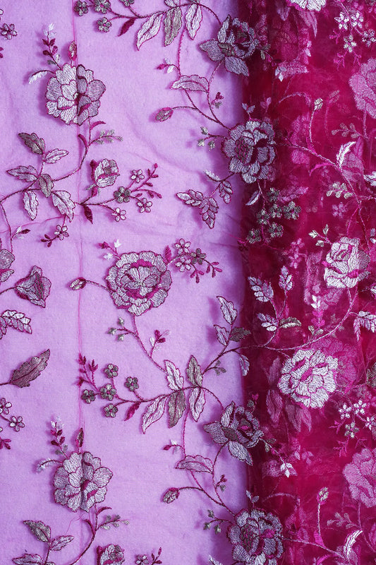 AIzaSyBcstauz-XMPRhEY21AUzeo032pxrXB5Ug - Heavy Floral Beige And Fuchsia Thread Work  Embroidery On Fuchsia Soft Net Fabric