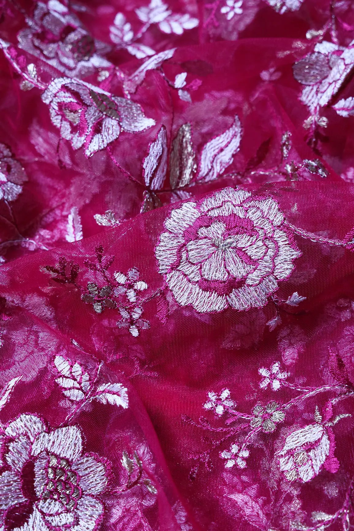 AIzaSyBcstauz-XMPRhEY21AUzeo032pxrXB5Ug - Heavy Floral Beige And Fuchsia Thread Work  Embroidery On Fuchsia Soft Net Fabric