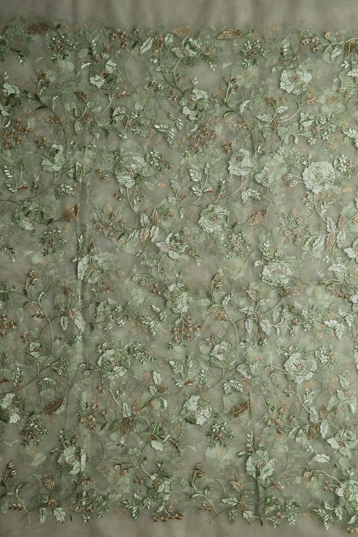 AIzaSyBcstauz-XMPRhEY21AUzeo032pxrXB5Ug - Heavy Floral Olive And Gold Zari Thread Work Embroidery On Olive Soft Net Fabric