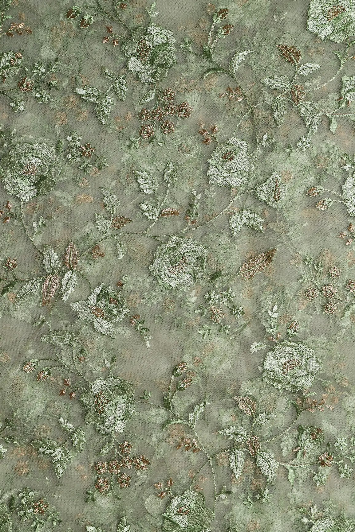 AIzaSyBcstauz-XMPRhEY21AUzeo032pxrXB5Ug - Heavy Floral Olive And Gold Zari Thread Work Embroidery On Olive Soft Net Fabric