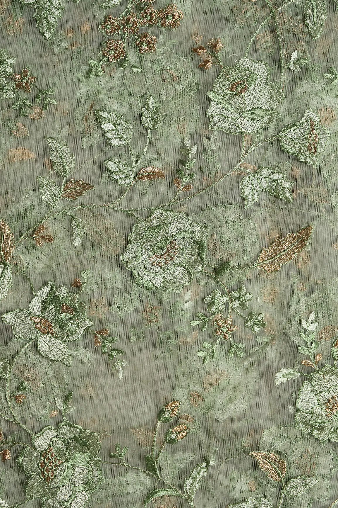 AIzaSyBcstauz-XMPRhEY21AUzeo032pxrXB5Ug - Heavy Floral Olive And Gold Zari Thread Work Embroidery On Olive Soft Net Fabric