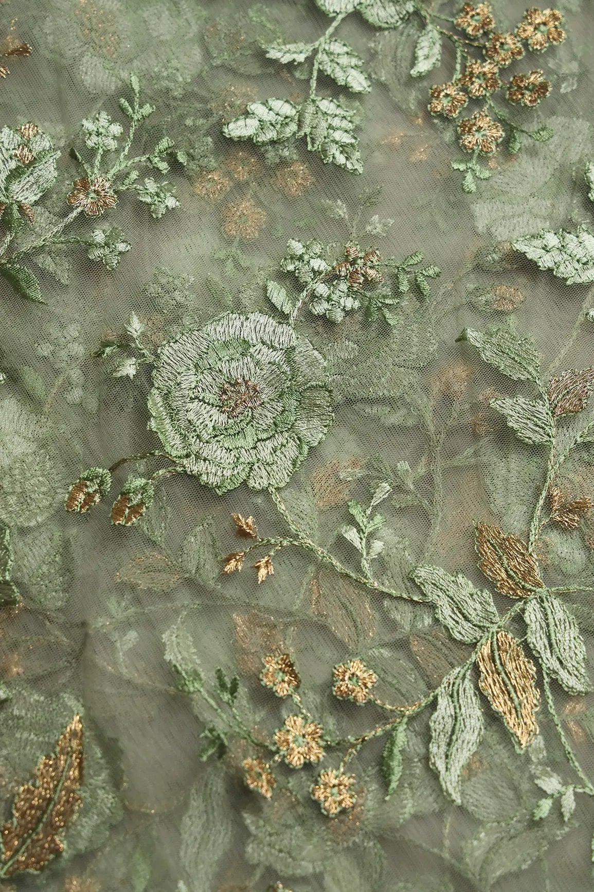 AIzaSyBcstauz-XMPRhEY21AUzeo032pxrXB5Ug - Heavy Floral Olive And Gold Zari Thread Work Embroidery On Olive Soft Net Fabric