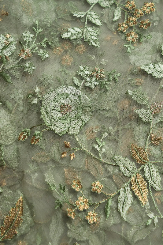 AIzaSyBcstauz-XMPRhEY21AUzeo032pxrXB5Ug - Heavy Floral Olive And Gold Zari Thread Work Embroidery On Olive Soft Net Fabric