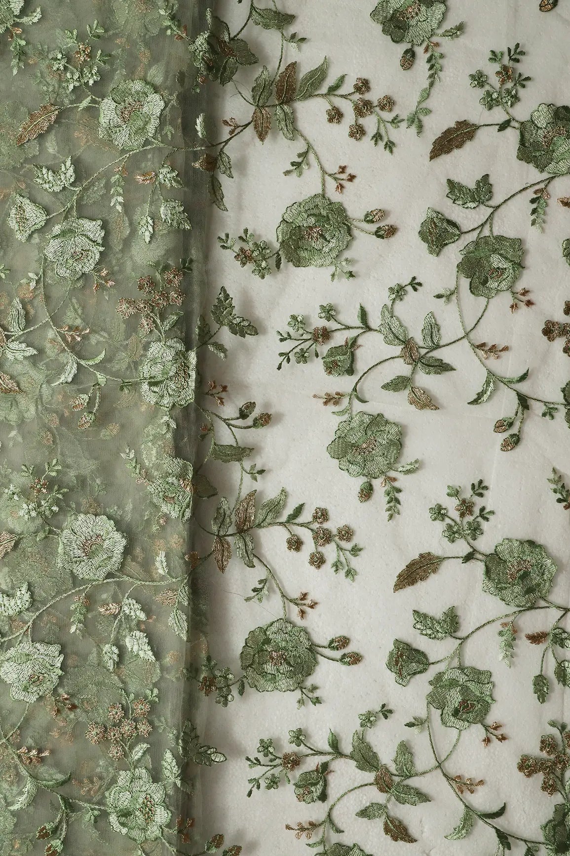 AIzaSyBcstauz-XMPRhEY21AUzeo032pxrXB5Ug - Heavy Floral Olive And Gold Zari Thread Work Embroidery On Olive Soft Net Fabric