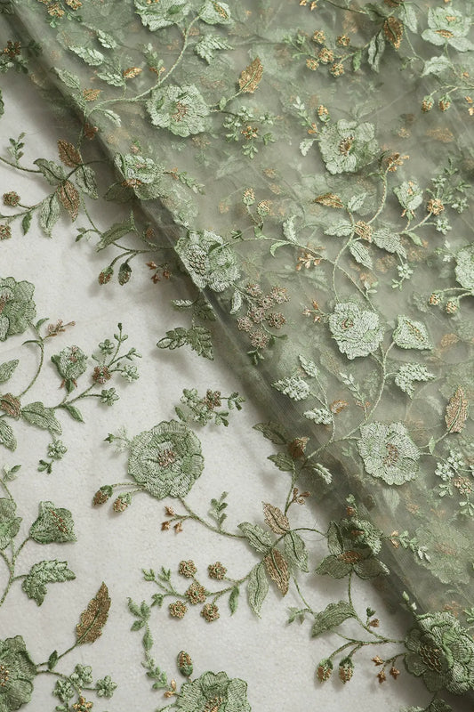 AIzaSyBcstauz-XMPRhEY21AUzeo032pxrXB5Ug - Heavy Floral Olive And Gold Zari Thread Work Embroidery On Olive Soft Net Fabric