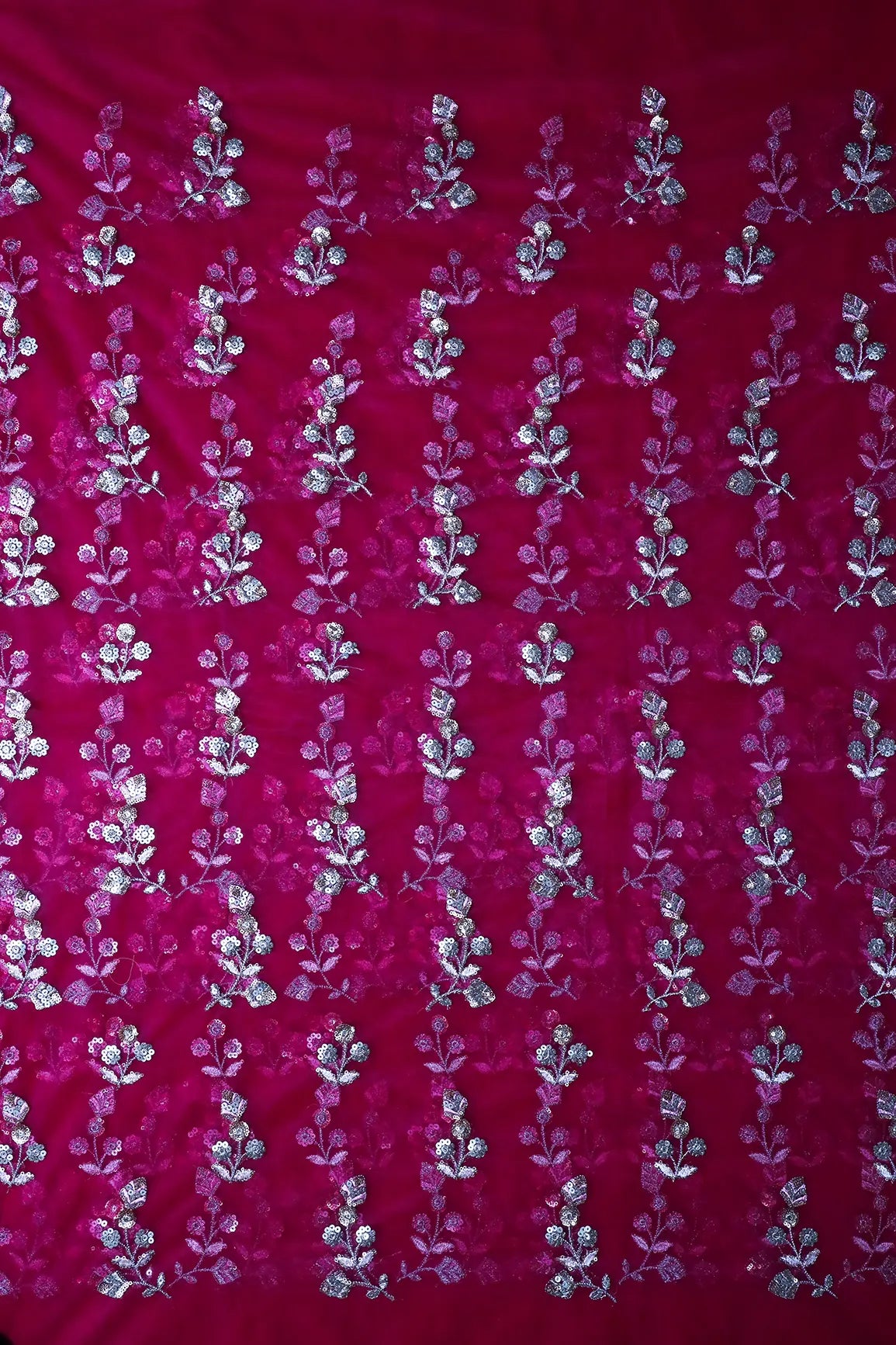 AIzaSyBcstauz-XMPRhEY21AUzeo032pxrXB5Ug - Copper And Gold Sequins Floral Embroidery On Fuchsia Soft Net Fabric